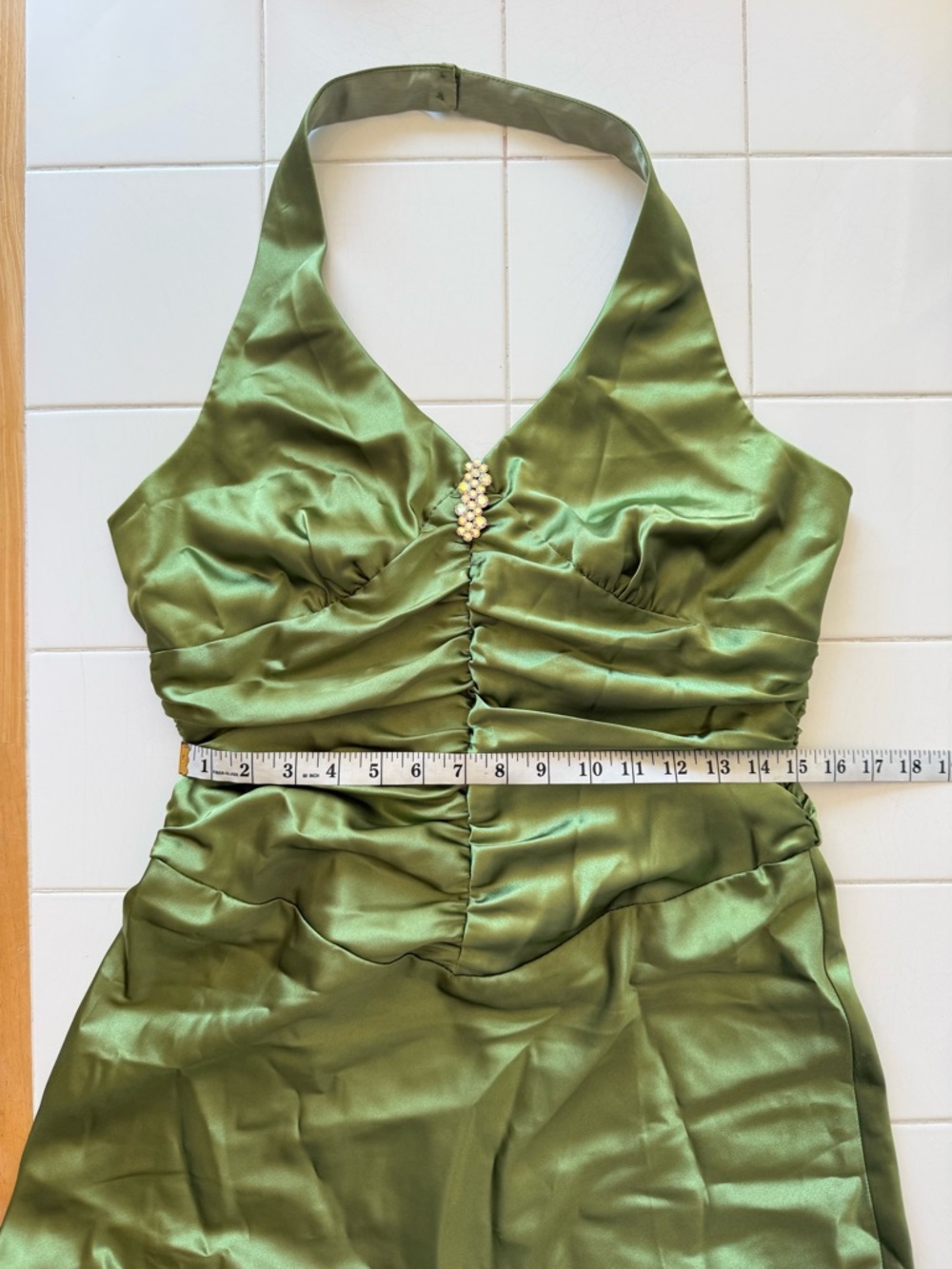 Vintage 90s Satin Slip Green Prom Dress Halter Rouched Maxi Gown Size 13/14 - Picture 15 of 17